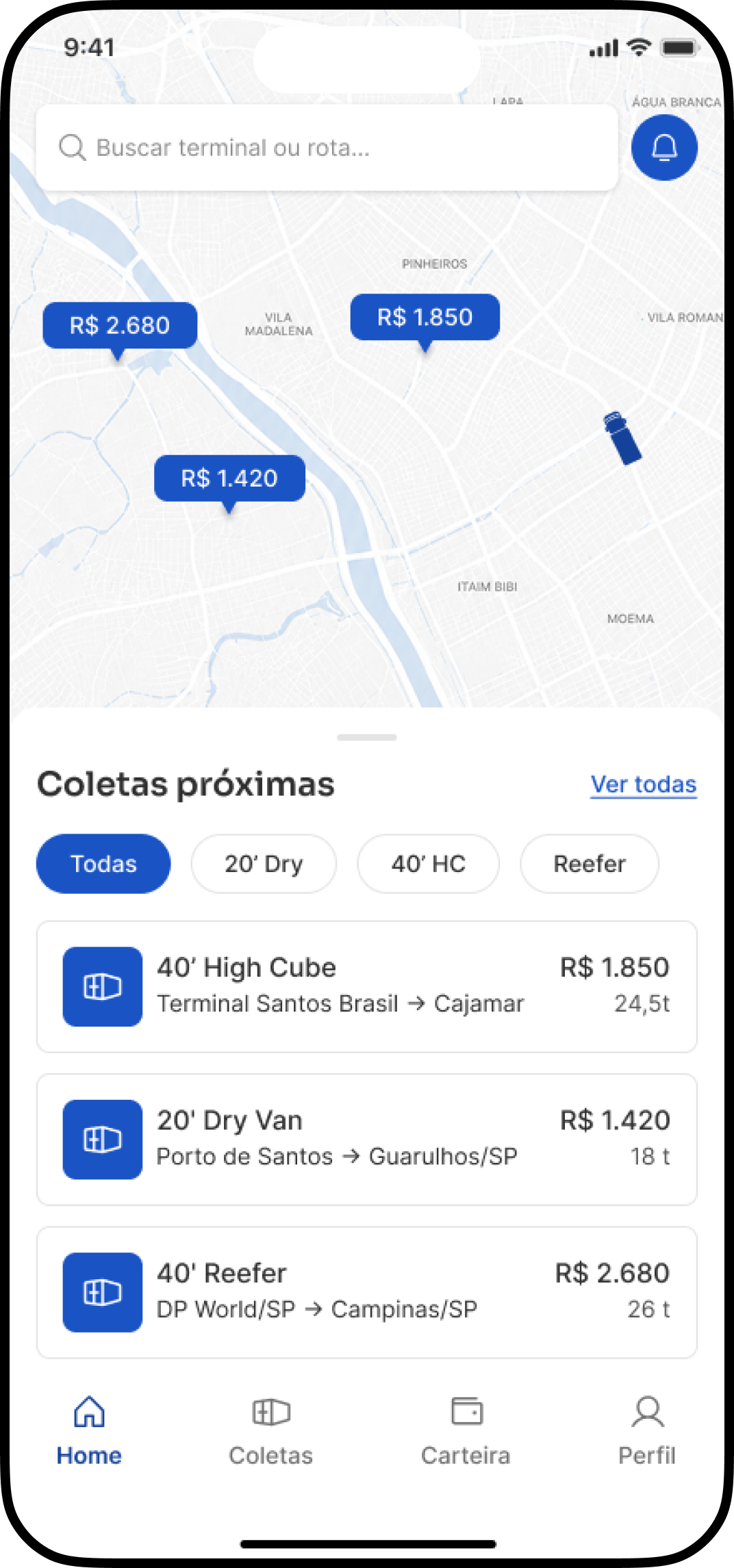 Tela do aplicativo UContainer com mapa e coletas proximas